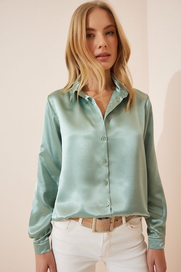 Happiness İstanbul Happiness İstanbul Women's Turquoise Green Lightly Flowing Satin Finish Shirt