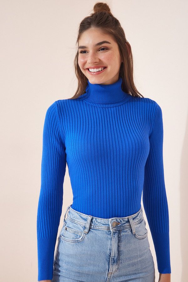 Happiness İstanbul Happiness İstanbul Women's Vibrant Blue Turtleneck Corduroy Lycra Sweater