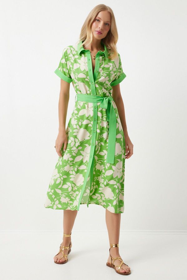 Happiness İstanbul Happiness İstanbul Women's Vibrant Green Floral Summer Slim Viscose Dress
