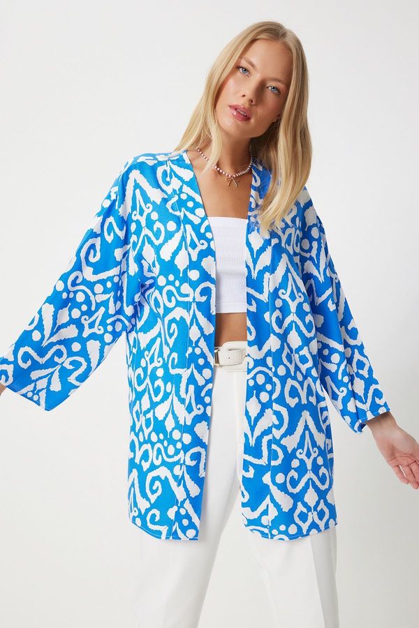 Happiness İstanbul Happiness İstanbul Women's Vivid Blue Patterned Viscose Kimono