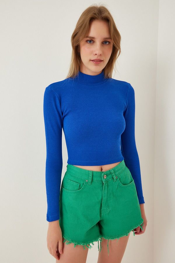 Happiness İstanbul Happiness İstanbul Women's Vivid Blue Ribbed Turtleneck Crop Knitted Blouse