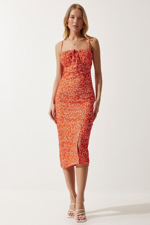 Happiness İstanbul Happiness İstanbul Women's Vivid Orange Floral Slit Summer Knitted Dress
