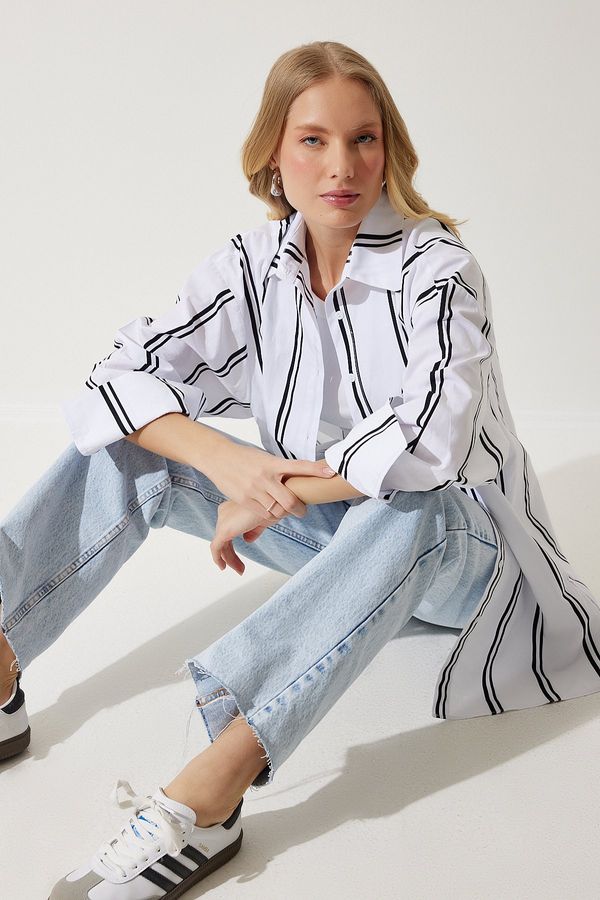 Happiness İstanbul Happiness İstanbul Women's White Black Striped Oversize Poplin Shirt