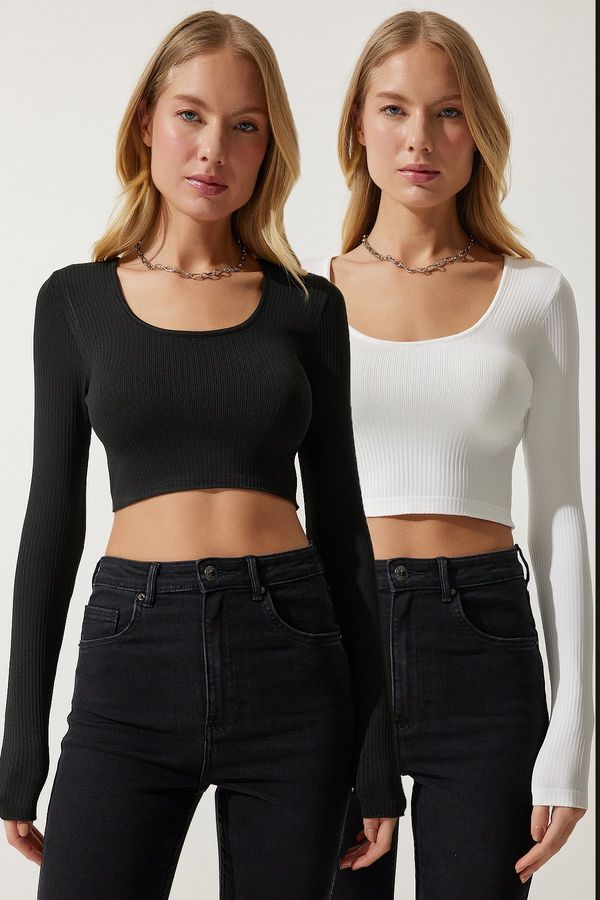 Happiness İstanbul Happiness İstanbul Women's White Black U-Neck Ribbed 2-Pack Crop Knitwear Blouse
