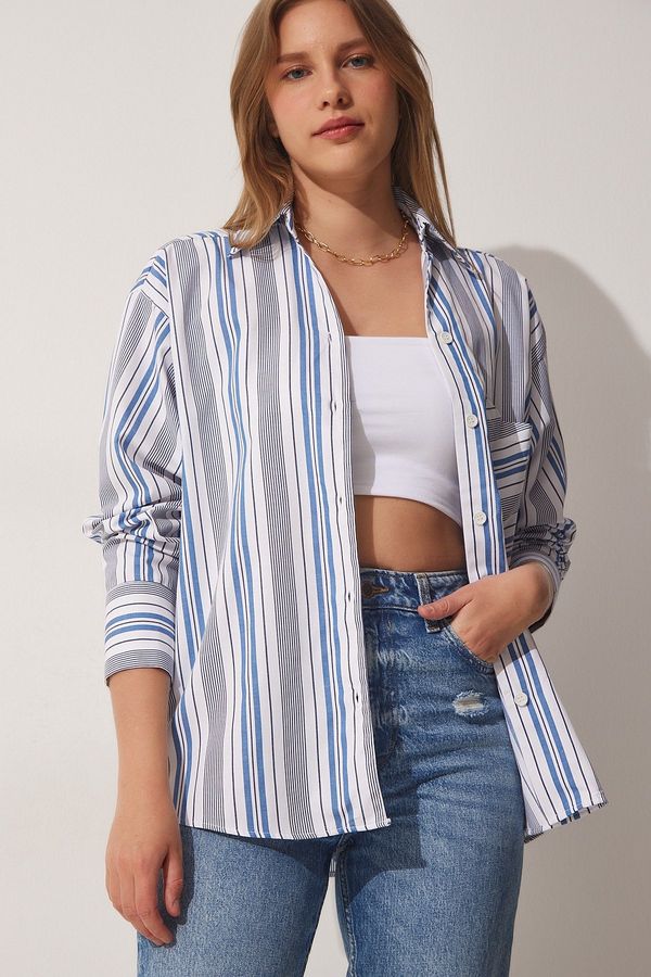 Happiness İstanbul Happiness İstanbul Women's White Blue Striped Oversize Cotton Shirt