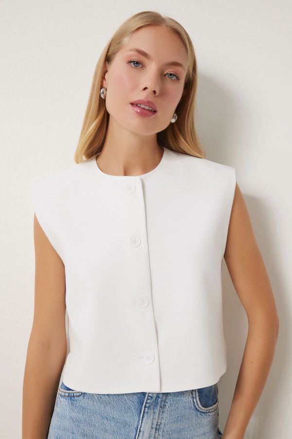 Happiness İstanbul Happiness İstanbul Women's White Buttoned Crop Woven Vest