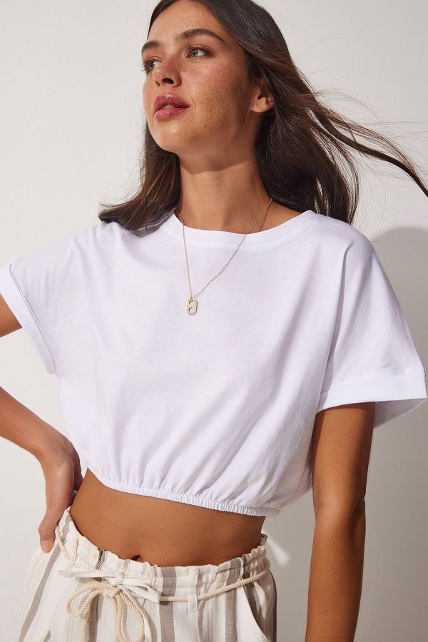 Happiness İstanbul Happiness İstanbul Women's White Elastic Waist Crop T-Shirt