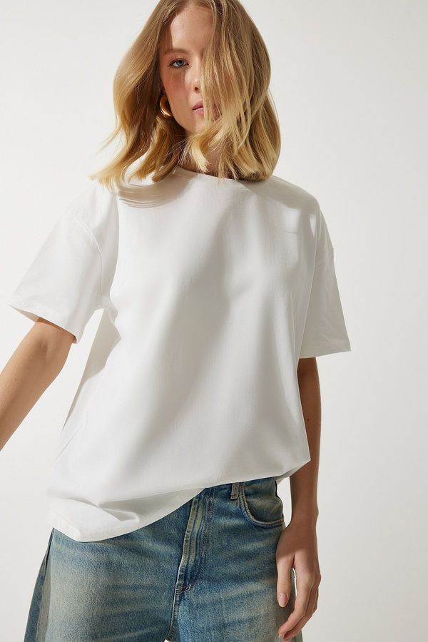 Happiness İstanbul Happiness İstanbul Women's White Loose Basic Cotton T-Shirt