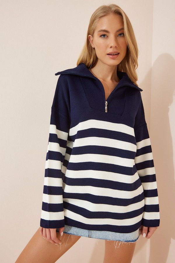 Happiness İstanbul Happiness İstanbul Women's White Navy Blue Zipper High Neck Striped Oversize Knitwear Sweater
