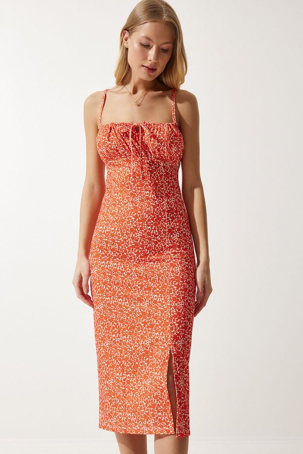 Happiness İstanbul Happiness İstanbul Women's White Orange Floral Slit Knitted Summer Dress