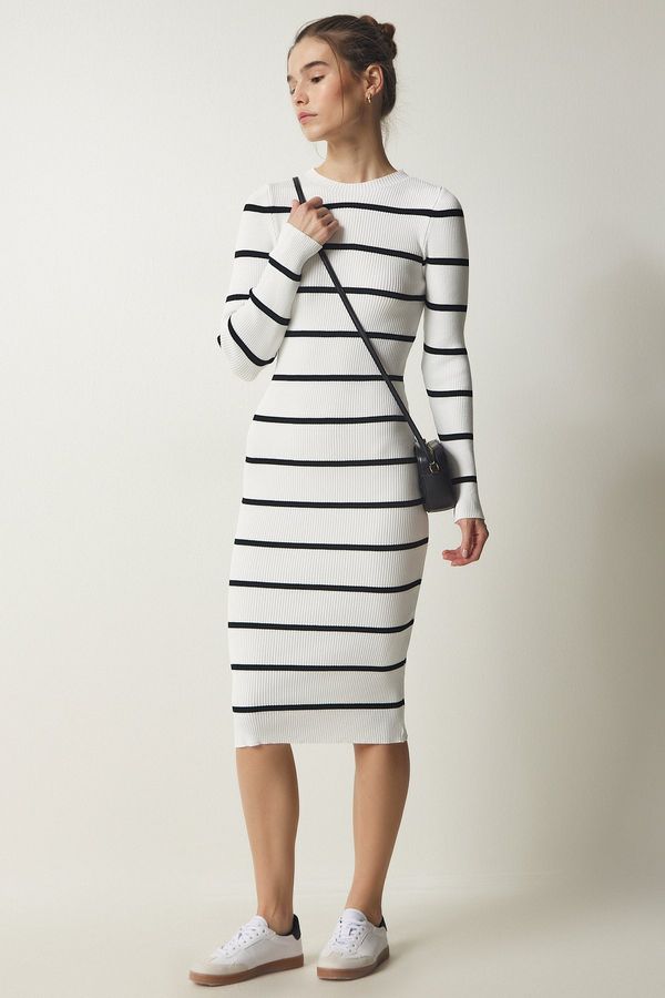 Happiness İstanbul Happiness İstanbul Women's White Ribbed Striped Wrap Sweater Dress