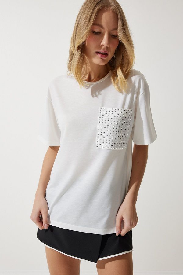 Happiness İstanbul Happiness İstanbul Women's White Stone Detailed Oversize T-Shirt