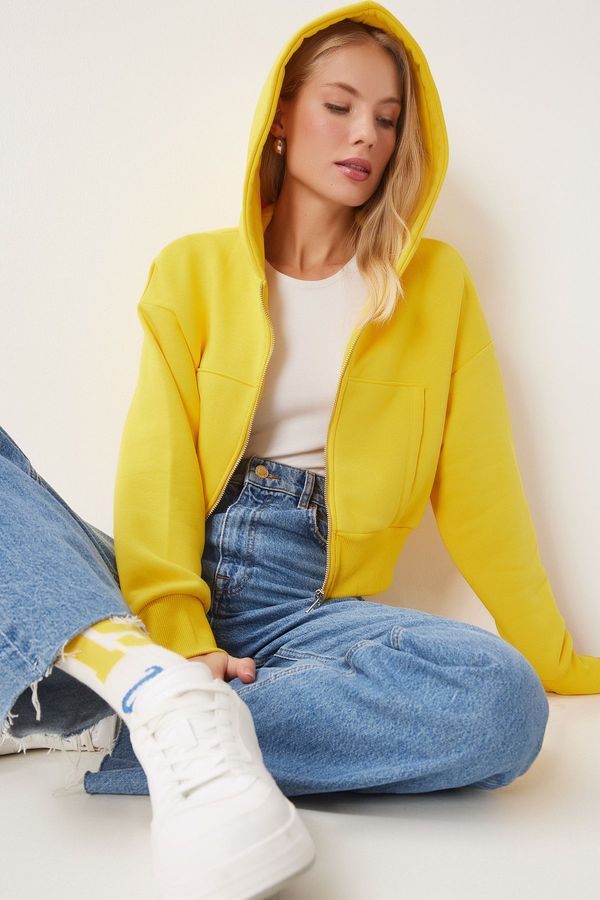 Happiness İstanbul Happiness İstanbul Women's Yellow Hooded Zippered Sweatshirt