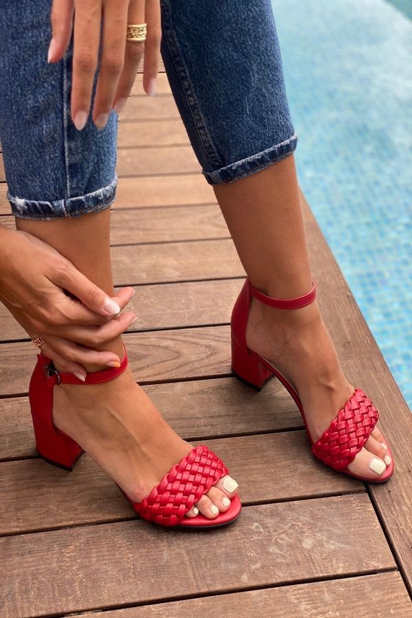 İnan Ayakkabı İnan Ayakkabı Women's Red Single Strap Thin Knit Ankle Heels Shoes