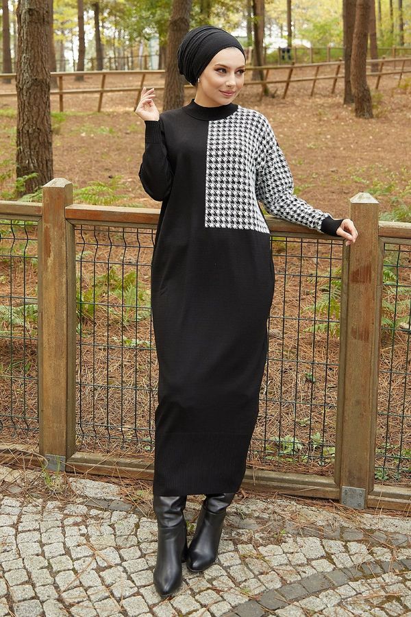 InStyle InStyle Amelya Sleeve Houndstooth Patterned Knitwear Dress - Black