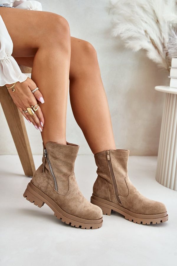 Kesi Insulated ankle boots with a flat heel made of eco-suede beige Reloma