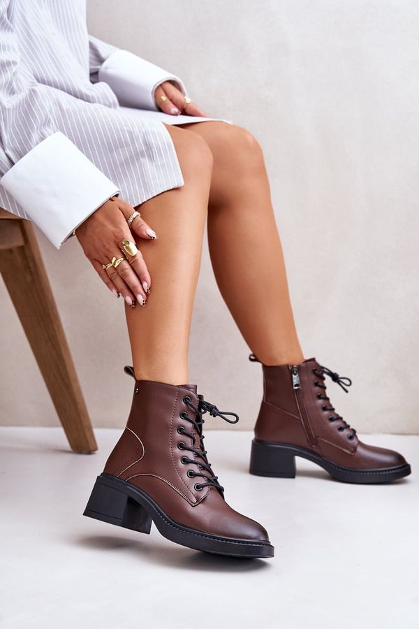 VINCEZA Insulated women's ankle boots on a low heel made of natural leather Vinceza brown