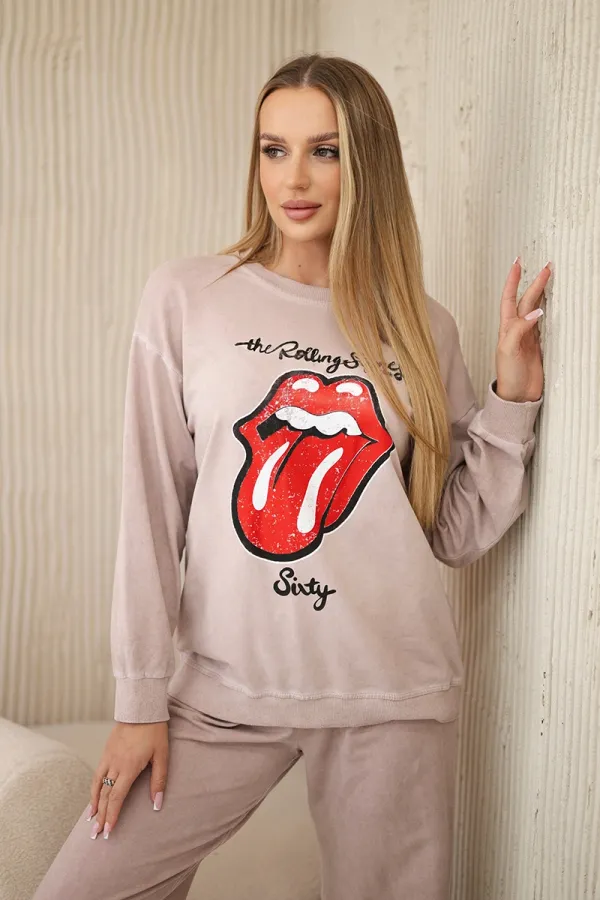 Kesi Włoski Kesi Włoski Cotton set wiped with print sweatshirt + pants powder pink