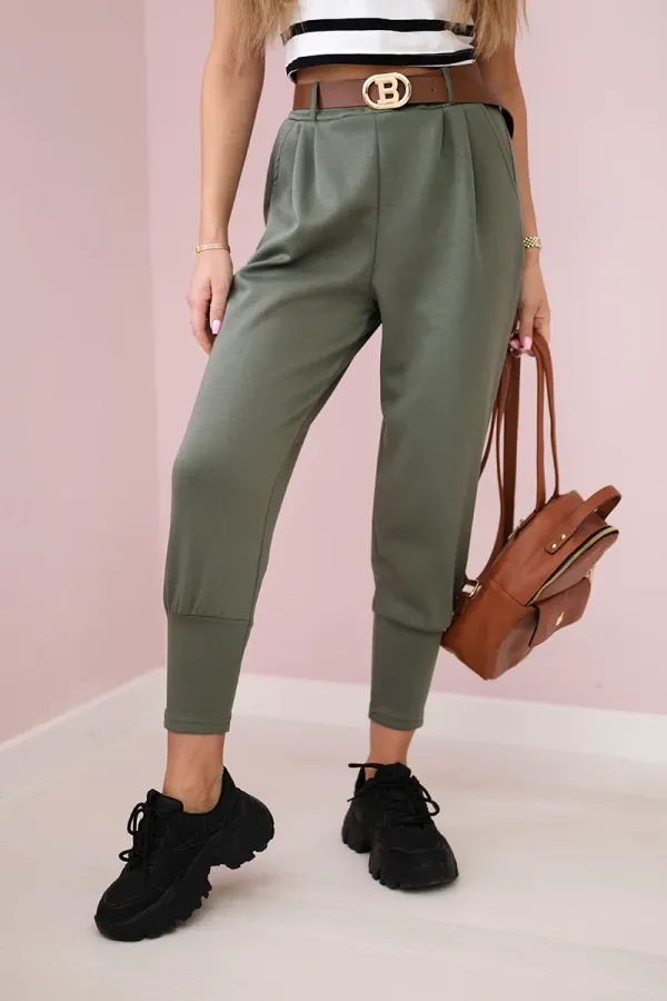 Kesi Włoski Kesi Włoski Pants with belt and pockets buttery-fabric khaki