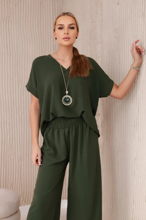 Kesi Włoski Kesi Włoski Set with necklace blouse + pants khaki