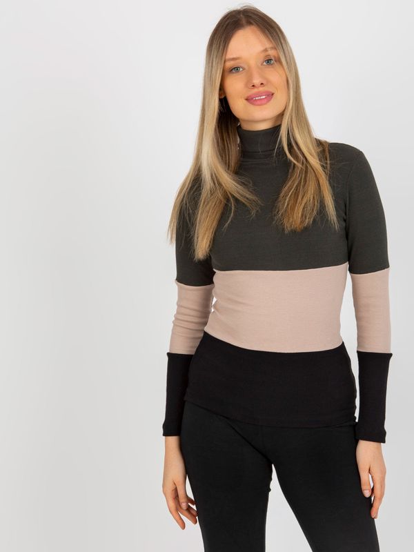 Fashionhunters Khaki black ribbed blouse with turtleneck