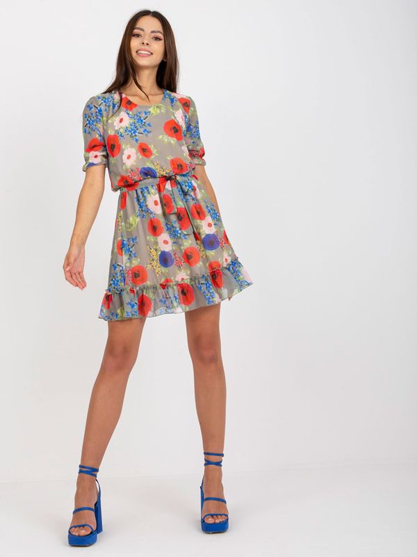 Fashionhunters Khaki mini dress in flowers with short sleeves Blake