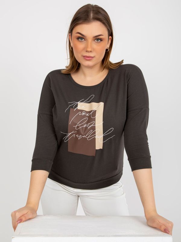 Fashionhunters Khaki size plus blouse with lettering and 3/4 sleeves