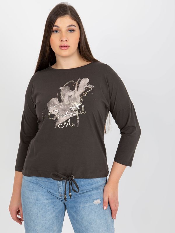 Fashionhunters Khaki women's blouse of large size with print and rhinestones