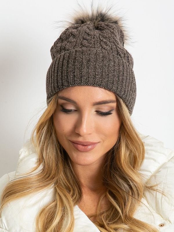 Fashionhunters Knitted cap with fur pompom, dark brown