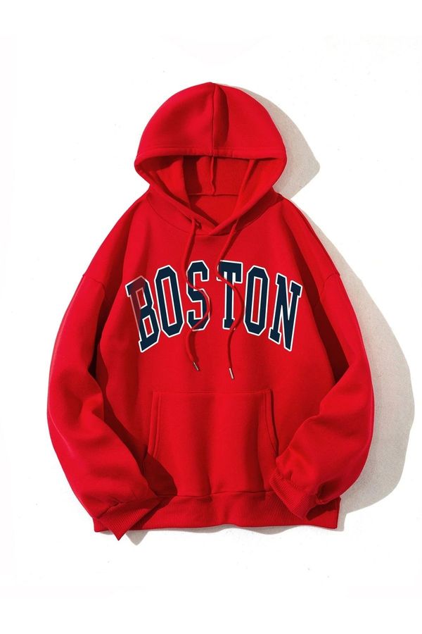 Know Know Unisex Red Oversize Boston Printed Sweatshirt with Hoodie