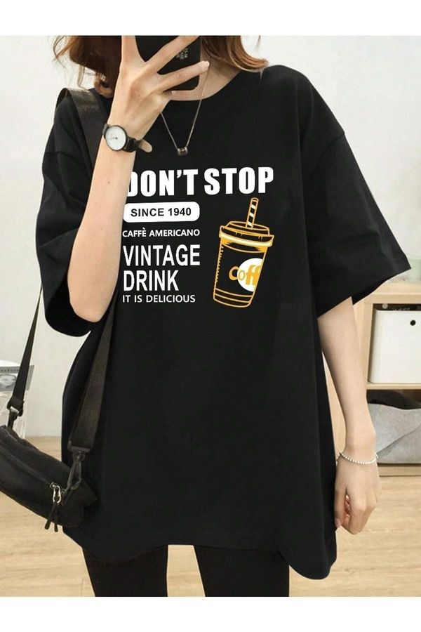 Know Know Women's Black Vintage Drink Printed Oversized T-shirt