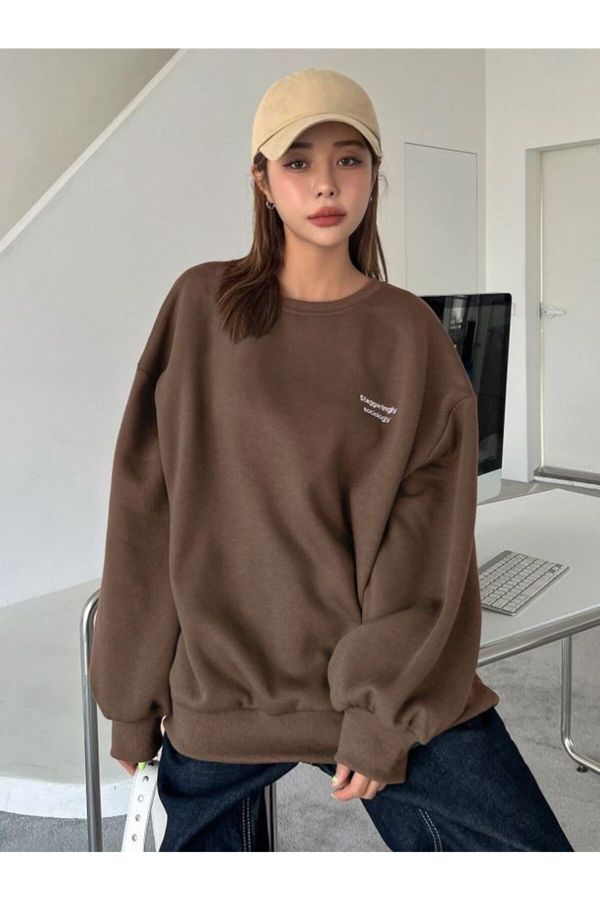 Know Know Women's Brown Staggertly Printed Crewneck Sweatshirt