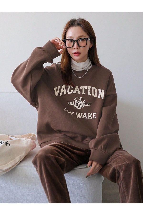 Know Know Women's Coffee Vacation Joy Wake Printed Oversized Crew Neck Sweatshirt.