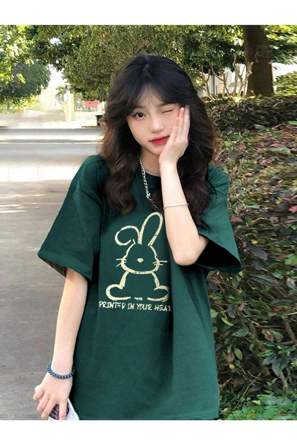 Know Know Women's Nefti Green Printed Rabbit Print Oversized T-shirt