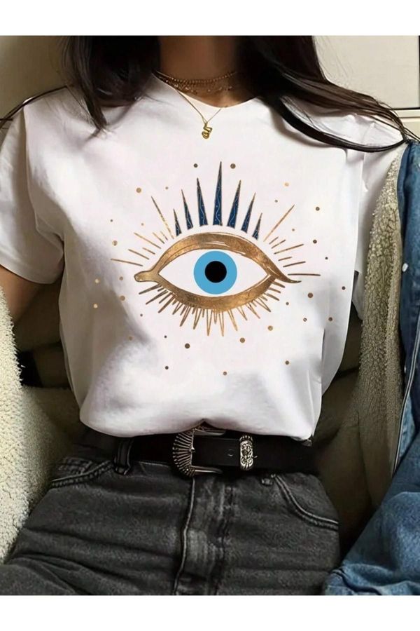 Know Know Women's White Eye Print Regular T-Shirt
