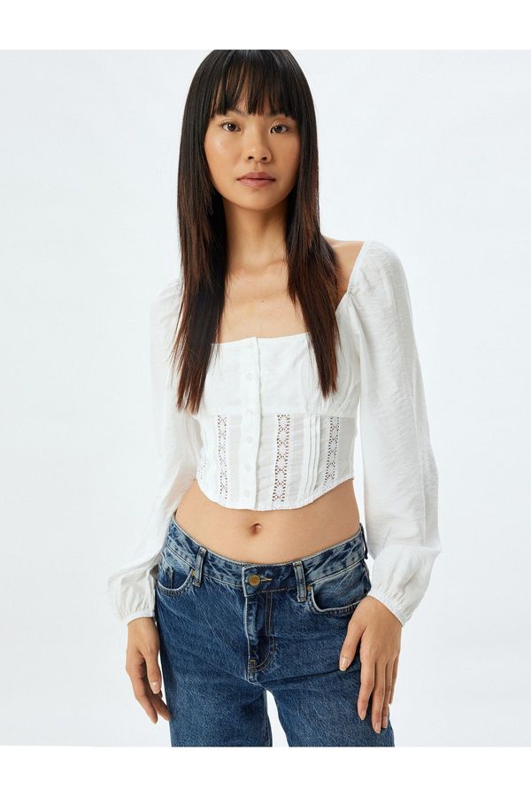 Koton Koton Balloon Sleeve Blouse Crop Gipel U Neck Buttoned Slim Fit Crochet Detail