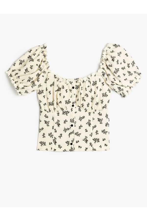 Koton Koton Balloon Sleeve Blouse Crop Wrapped Floral Buttoned U Neck