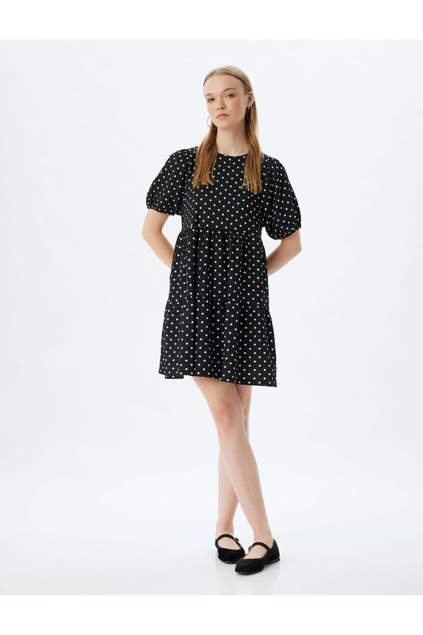 Koton Koton Balloon Sleeve Dress Mini Polka Dot Folded Crew Neck