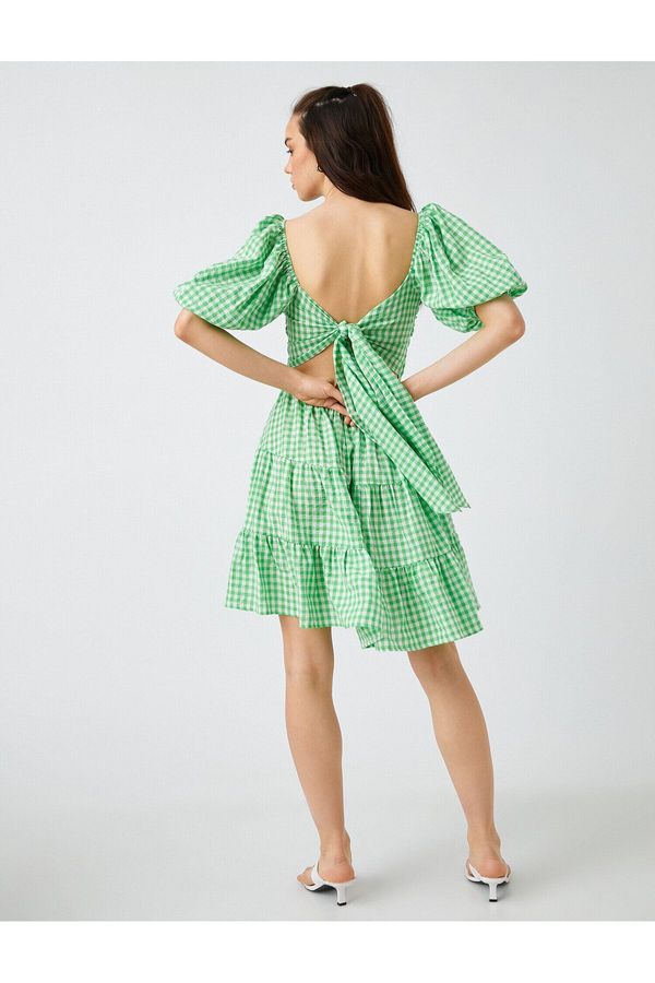 Koton Koton Balloon Sleeve Dress with Ruffle Tie Detail Short Plaid