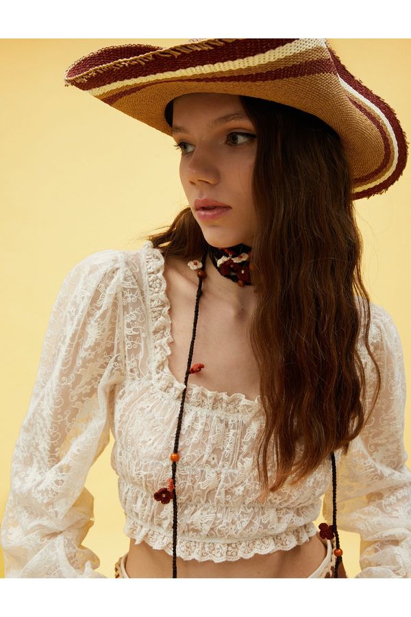 Koton Koton Balloon Sleeve Lace Crop Blouse