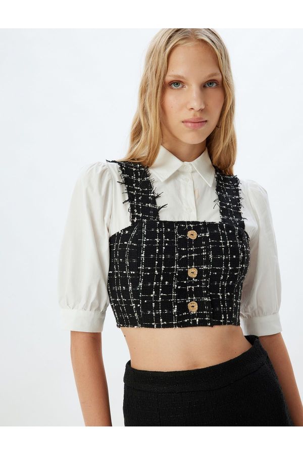 Koton Koton Balloon Sleeve Shirt Crop Tweed Fabric Detail Buttoned Slim Fit