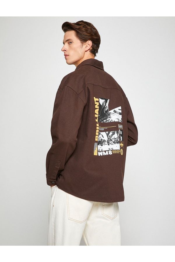 Koton Koton Basic Shirt Jacket Slogan Printed Pocket Detailed Snap Fastener