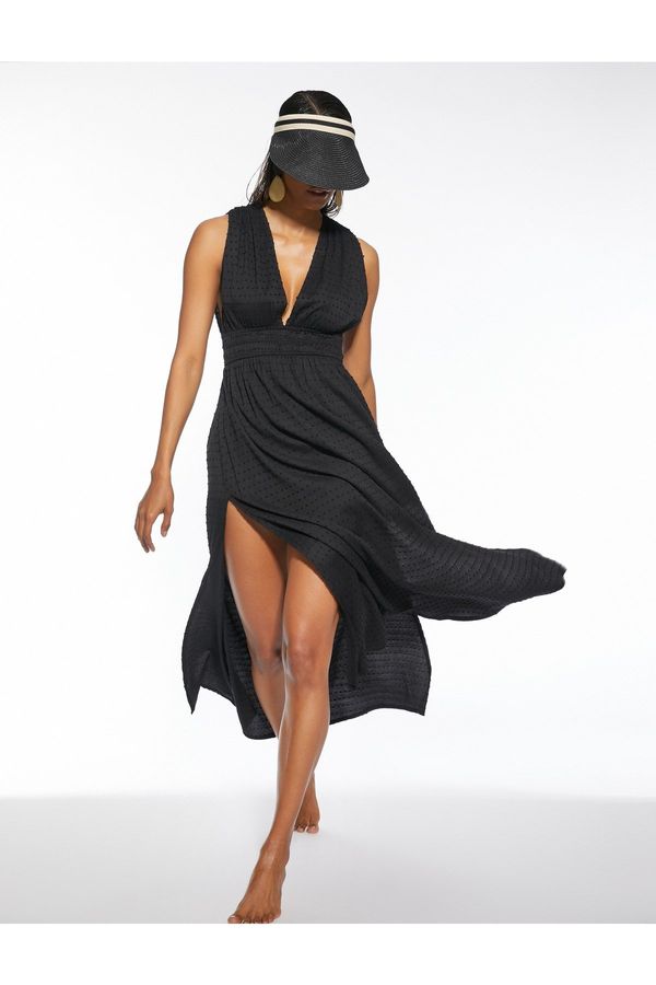 Koton Koton Beach Dress Viscose Deep V-Neck Oversize Textured Gippe.