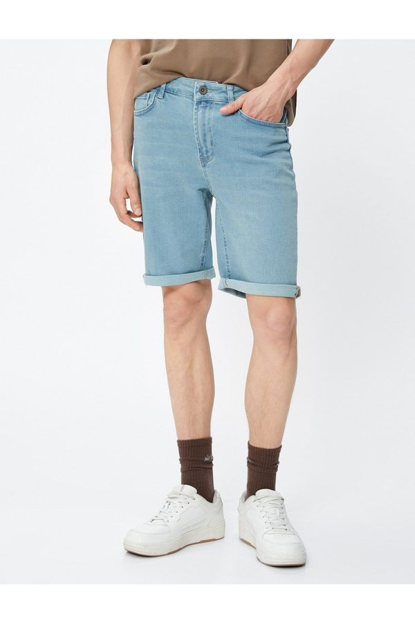 Koton Koton Bermuda Slim Fit Denim Shorts with Fold Detail Buttons.