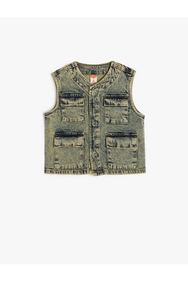 Koton Koton Biker Denim Vest Sleeveless with Flap Pocket