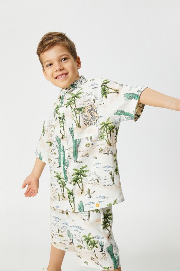 Koton Koton Boys' Short Sleeve Cactus Print Linen Shirt with One Pocket 3skb60088tw
