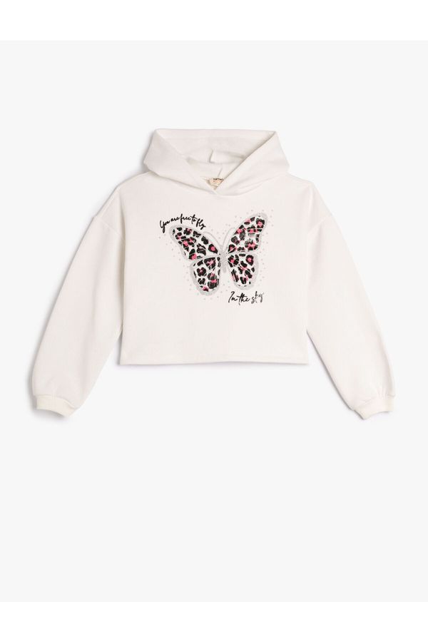 Koton Koton Butterfly Printed Hooded Crop Sweatshirt Rayon
