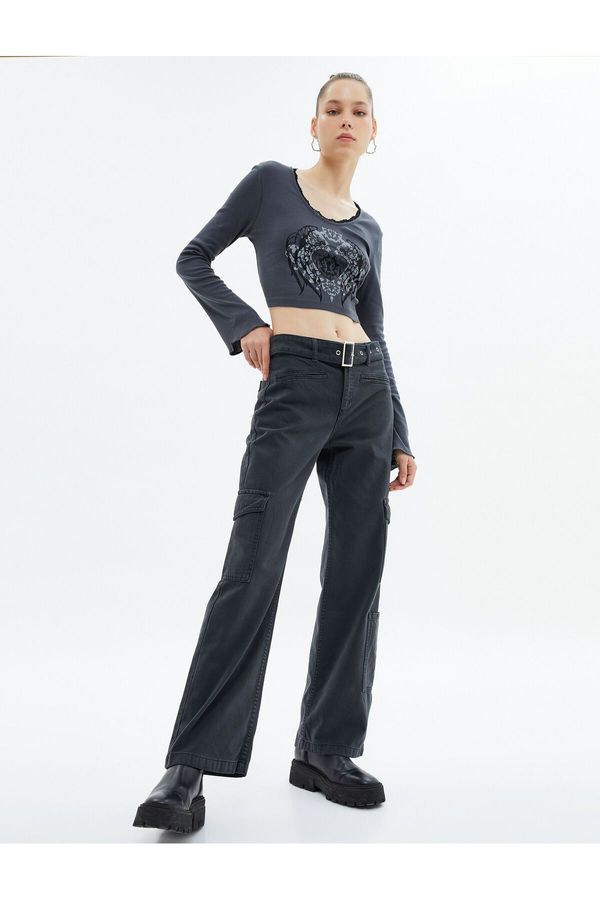 Koton Koton Cargo Pants Faded Effect Belt Detail Straight Wide Leg Pockets