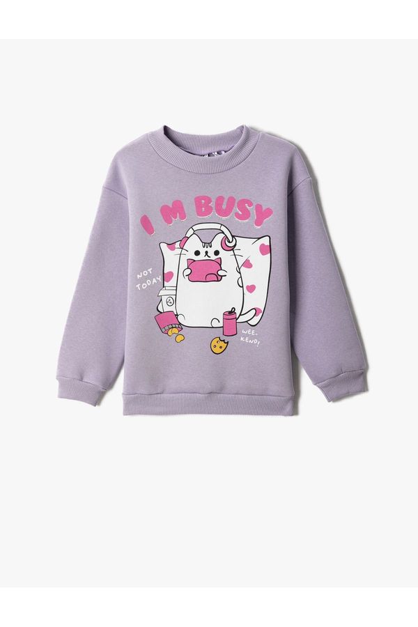 Koton Koton Cat Printed Sweatshirt Long Sleeve Crew Neck Ribbed