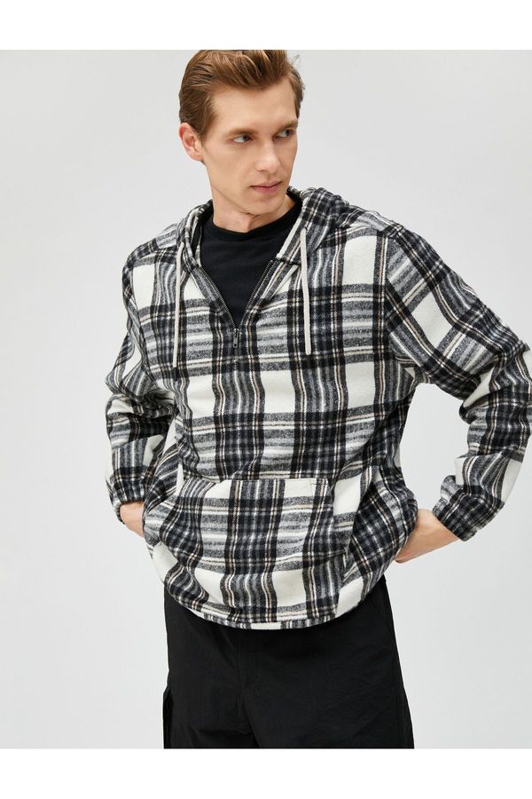 Koton Koton Checkered Hoodie and Sweatshirt Kangaroo Pocket Half-Zip